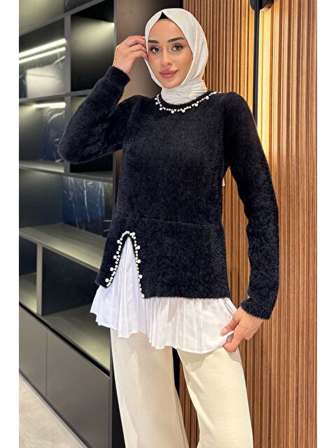 Julude İnci Ve Taş İşlemeli Garnili Yumoş Tesettür Triko Kazak (s-m-l Beden Uyumludur.) - S000470310-19351