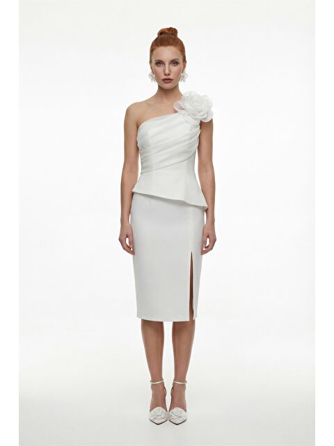 Lafaba Kadın Beyaz Çiçek Detaylı Midi Söz Nişan Nikah Abiye Elbise - S000506616-20063