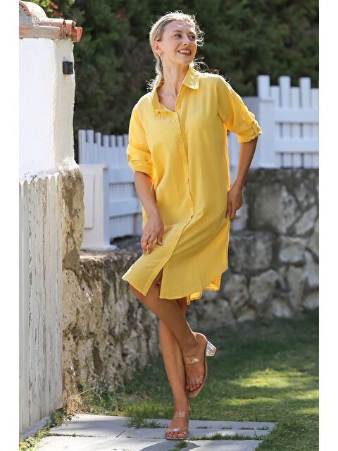 Chiccy Sarı Gömlek Yaka Düğmeli Uzun Kollu Cepli Tavuskuşu Nakışlı Pamuklu Dokuma Casual Elbise - S000343910-20072