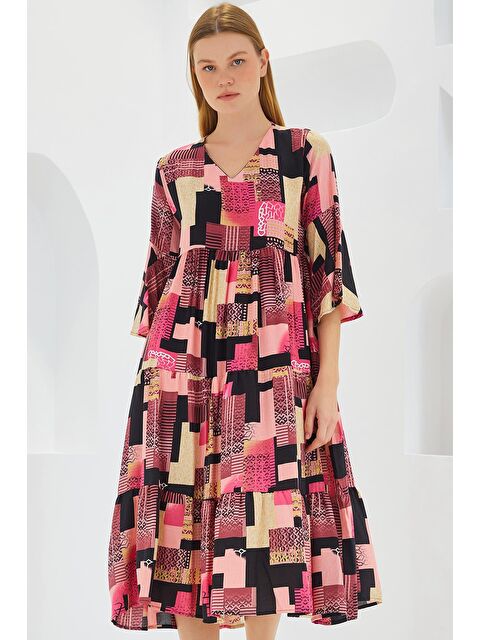 Bigdart Kadın Fuşya Siyah Desenli Kısa Kol Viskon Elbise 1959 - S000089467-29707