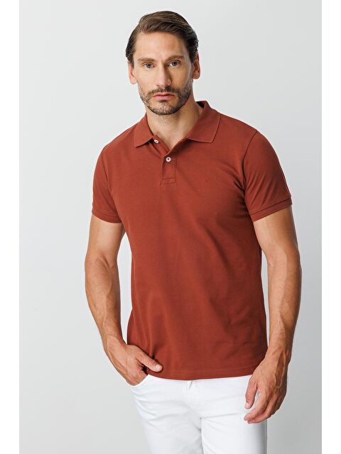 igs Kiremit Modern Fit Dar Kalıp Polo Yaka Düz Kısa Kollu %100 Pamuk Tişört - S000490289-19413