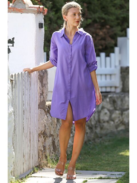 Chiccy Lila Gömlek Yaka Düğmeli Uzun Kollu Cepli Tavuskuşu Nakışlı Pamuklu Dokuma Casual Elbise - S000343910-17878