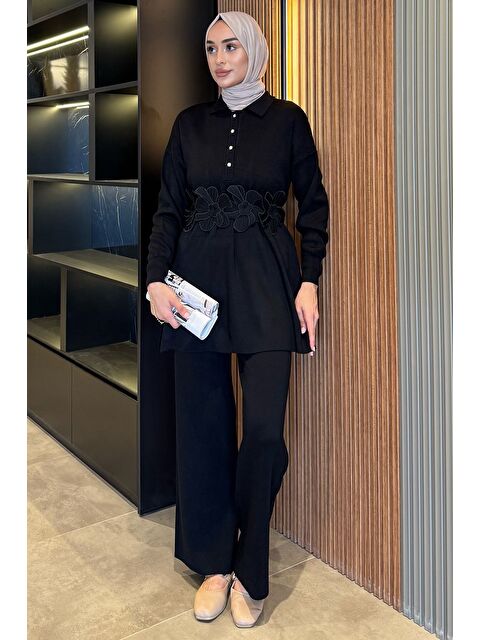 Julude Papatya Aplikeli Tunik Pantolon Triko Tesettür İkili Takım (s,m,l,xl Uyumludur) - S000470331-19351
