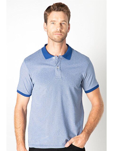 TUDORS Erkek Slim Fit Dar Kesim Pamuklu Düz Pike Mavi Polo Yaka Tişört