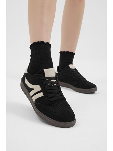 TONNY BLACK Kadın Siyah Bej Termo Taban Yanı Şeritli Bağcıklı Günlük Rahat Spor Ayakkabı - S000506974-37423