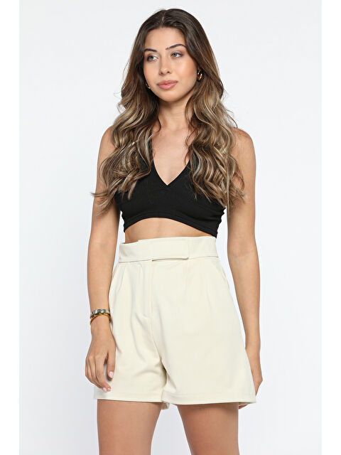 Gülseli Yüksek Bel Pileli Cırtlı Kadın Cepli Şort - S000299377-25636