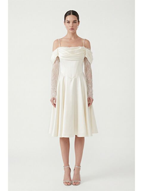 Lafaba Kadın Beyaz Dar Kalıp Dantel Detaylı Midi Söz Nişan Nikah Abiye Elbise - S000506618-20063