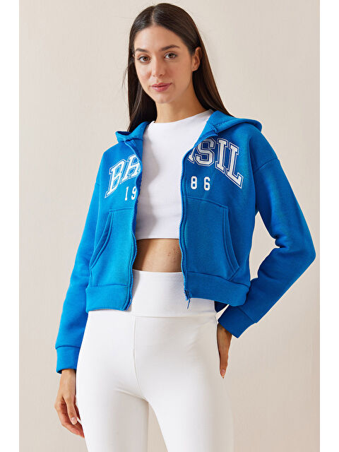 Xhan Mavi Kapüşonlu   Baskılı Sweatshirt 5YXK8 48911 12 - S000272496-17234