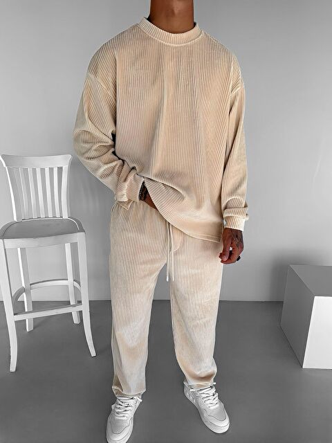 Abluka Online Erkek Oversize Yuvarlak Yaka Fitilli Kadife Sweatshirt Bej - S000279714-19928