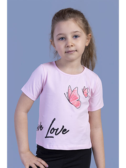 Toontoykids Kız Çocuk Kelebek Baskılı Taş İşlemeli Tişört