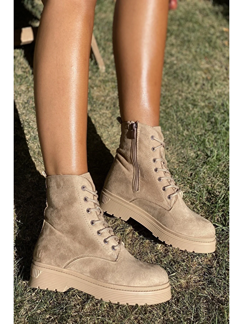 İNAN AYAKKABI Kadın Postal Bot Bağcıklı Yandan Fermuarlı Tam Kalıp Nude Süet Termo Kaymaz Taban 4 Cm - S000506713-26411