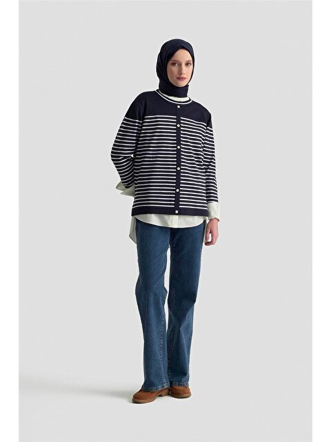 ARMİNE Düğmeli Çizgili Triko Kazak 25Ktd4128 Lacivert - S000445369-21164