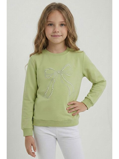Breeze Kız Çocuk Sweatshirt İnci Taş İşlemeli Fıstık Yeşili (7-12 Yaş)