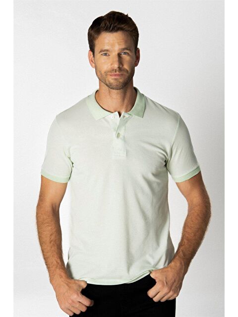 TUDORS Erkek Slim Fit Dar Kesim Düz Pike Yeşil Polo Yaka Tişört