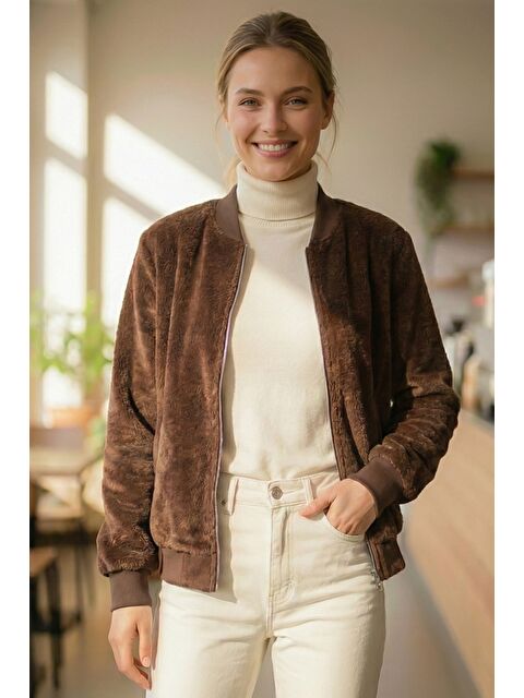 Chiccy İtalyan Açık Kahve Bomber Yaka Manşetli Kollu Fermuarlı Cepsiz Astarsız Dokuma Bomber Ceket 68 65 - S000486861-29705