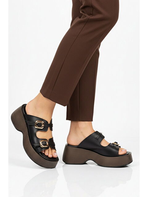 Ayakmod Siyah Çift Bantlı Kadın Topuklu Terlik 322183 Z - S000526393-19351