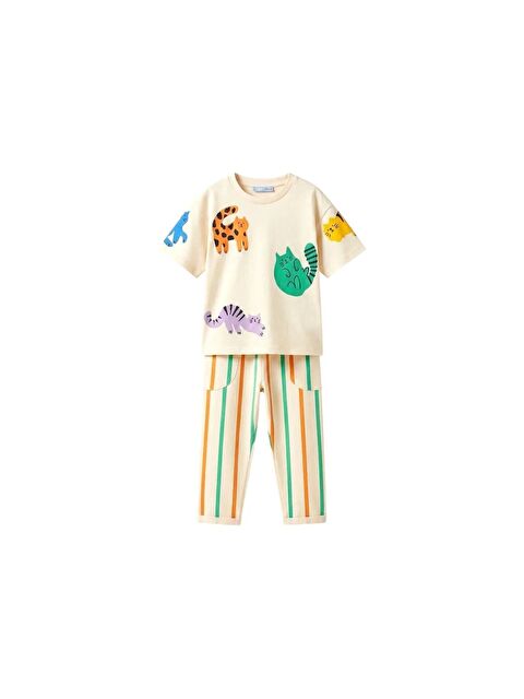 Magu Unisex Çocuk Pamuklu Ekru Hayvan Figürlü Takım - Kısa Kollu T-Shirt Ve Çizgili Eşofmanlı Set - S000521403-23173