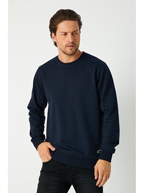 Mmetalic Erkek Lacivert Basic Bisiklet Yaka Büyük Beden Sweatshirt - S000232154-21164