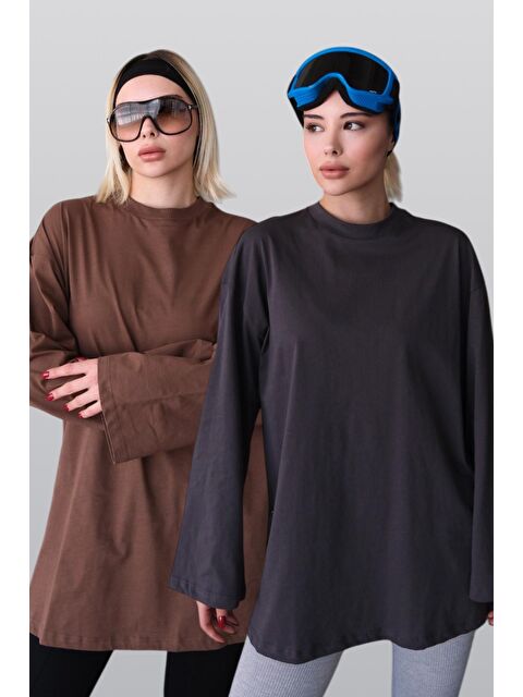 C&City Geniş Kol Oversize 2'Li Paket T-Shirt 964 Füme/Kahverengi - S000388295-33408