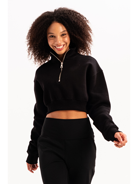 C&City Crop Dik Yaka Yarı Fermuarlı Şardonlu Kadın Sweatshirt Vibe Siyah - S000388298-19351