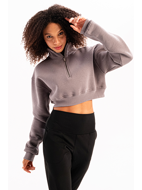 C&City Crop Dik Yaka Yarı Fermuarlı Şardonlu Kadın Sweatshirt Vibe Gri - S000388298-20600