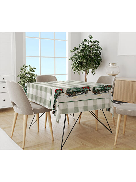 Evmila Yılbaşı Temalı Yeşil Dama Desenli Dijital Baskılı Masa Örtüsü - S000469576-23173