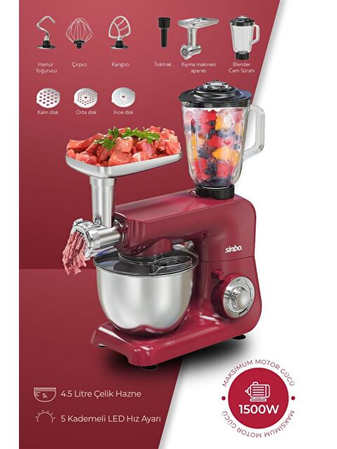 Sinbo SMX-2775 Çok Amaçlı 3ın1 Mutfak Şefi Hamur Yoğurma Kıyma Makinesi Sürahi Blender 1500w Kırmızı - S000433822-20045