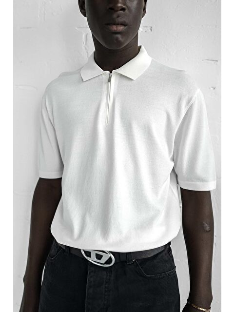 Abluka Online Erkek Yarım Fermuarlı Polo Yaka Tişört Beyaz - S000365671-20063