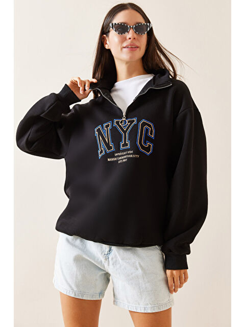 Xhan Siyah Fermuarlı Dik Yaka Sweatshirt 5YXK8-48908-02 - S000272526-19351
