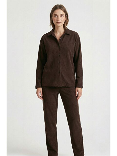 MİSS DÜNYA LİSSA Kadın Premium Fitilli Kumaş Gömlek Pantolon Takımı - S000505461-19413