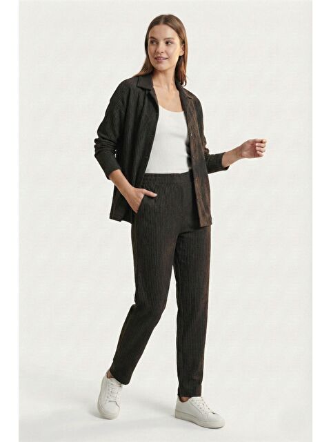 MİSS DÜNYA LİSSA Kadın Premium Fitilli Kumaş Gömlek Pantolon Takımı - S000505461-19351