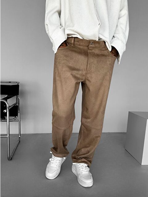 Abluka Online Baggy Geniş Kalıp Geniş Paça Süet Basic Erkek Pantolon Bej - S000295276-19928