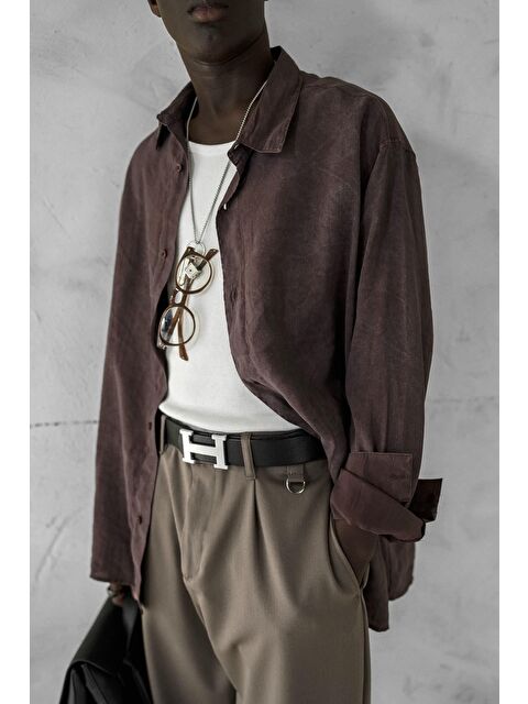 Abluka Online Erkek Oversize Yıkamalı Rahat Gömlek Kahverengi - S000365701-19413