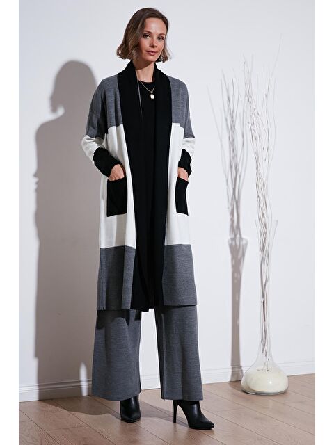 Lela Modest Renk Bloklu Uzun Triko Kadın Hırka - S000243012-19351