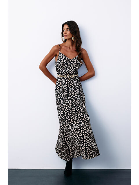 SATEEN Askılı Leopar Desenli Saten Elbise - Siyah - S000323995-19351