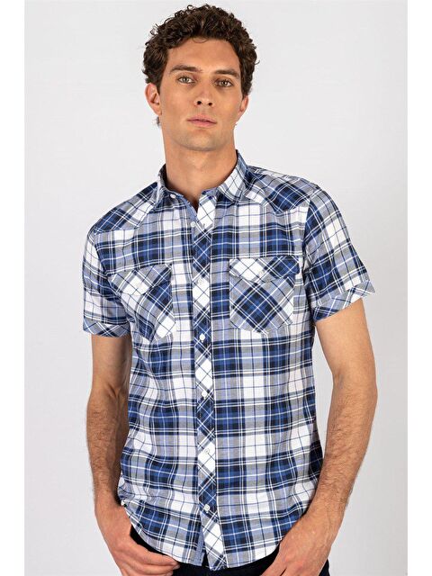 TUDORS Slim Fit Kısa Kollu Ekose Çift Cep Kapaklı Erkek Gömlek