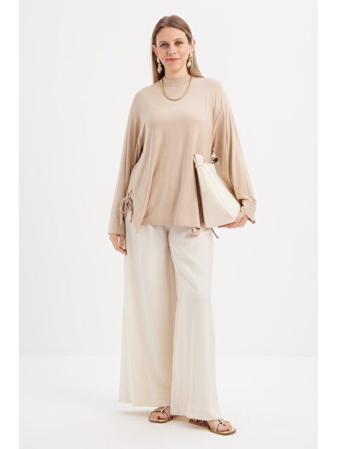 ALLDAY Bej-Yandan Yırtmaçlı Bağlama Detaylı Elastanlı Modal Tunik - S000505465-19928