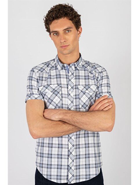 TUDORS Slim Fit Kısa Kollu Ekose Çift Cep Kapaklı Erkek Gömlek