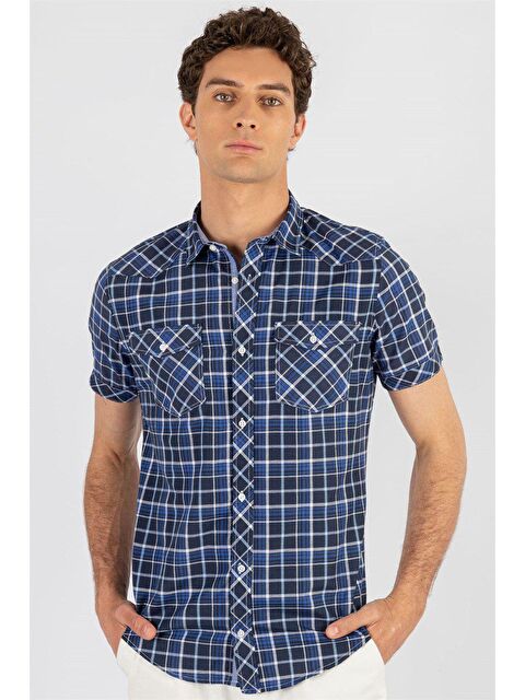 TUDORS Slim Fit Kısa Kollu Ekose Çift Cep Kapaklı Erkek Gömlek