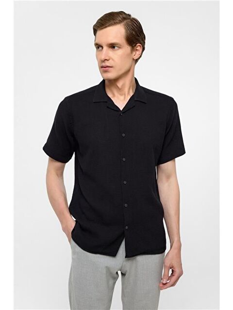 Süvari Siyah Slim Düz Apaş Yaka Gömlek - S000460523-19351