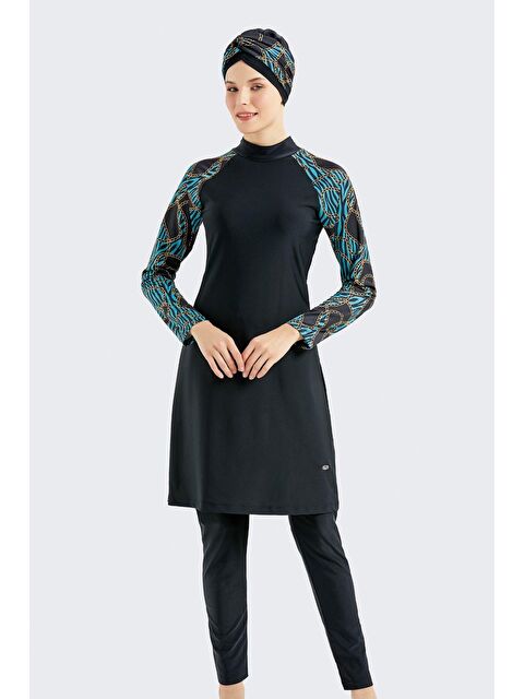 C&City Tam Kapalı 4 Lü Tesettür Mayo C14020 Siyah/Turkuaz - S000215941-4136