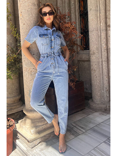 Gülseli Polo Yaka Çift Cepli Kadın Jean Tulum Salopet - S000300364-17234