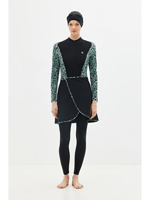 C&City Etekli Taytlı Tam Kapalı Tesettür Mayo C13059 Yeşil/Siyah - S000215963-37449