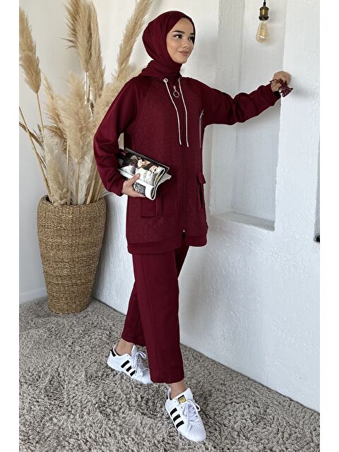 Julude Kapitoneli Broş Detaylı Kapüşonlu Tesettür Tunik Bel Lastikli Pantolon İkili Takım - S000470340-19951