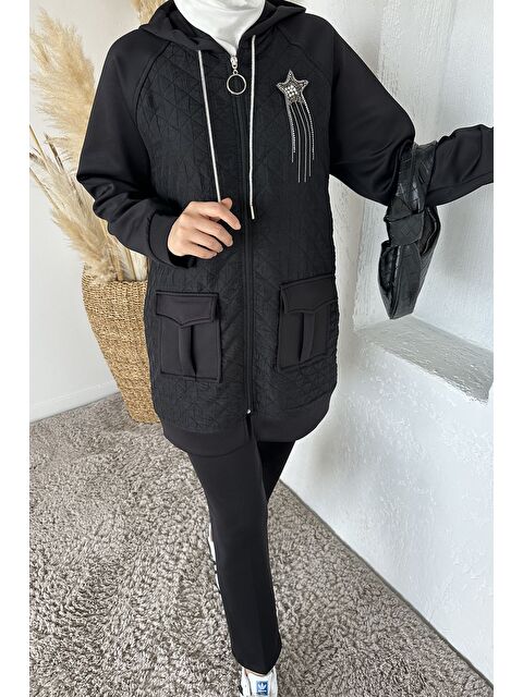 Julude Kapitoneli Broş Detaylı Kapüşonlu Tesettür Tunik Bel Lastikli Pantolon İkili Takım - S000470340-19351