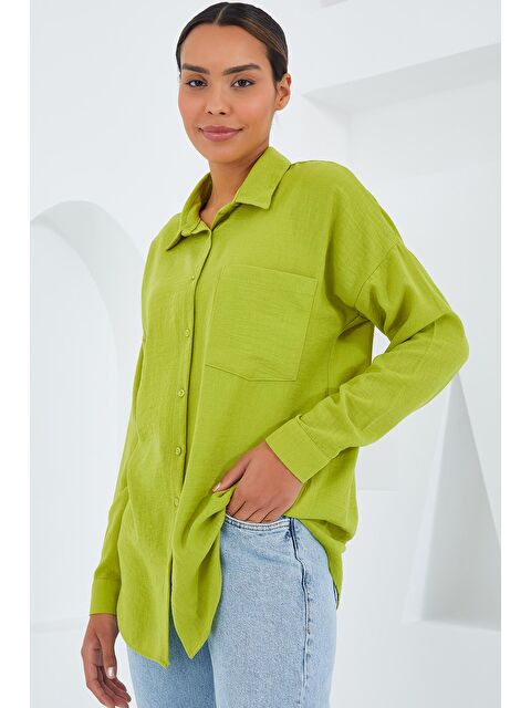 Bigdart 20153 Tek Cepli Oversize Keten Gömlek - Yağ Yeşil - S000085424-37471