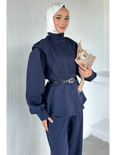 Julude Kemer Aksesuarlı Ceket Bel Lastikli Pileli Pantolon Tesettür İkili Takım - S000470342-21164