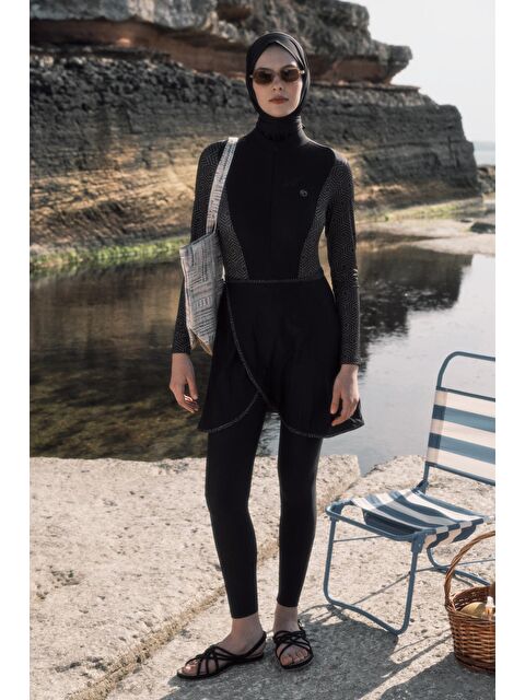 C&City Etekli Taytlı Tam Kapalı Tesettür Mayo C13059 Siyah/Gümüş