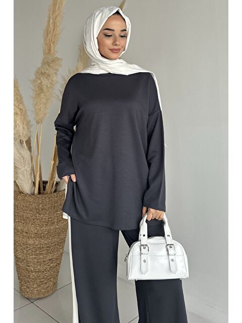 Julude Şerit Desenli Tunik Bel Lastikli Pantolon Tesettür İkili Takım - S000470345-33408