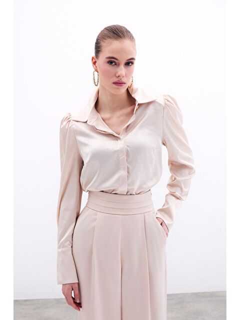 SATEEN Vatkalı Desenli Saten Gömlek - Taş - S000323584-25636